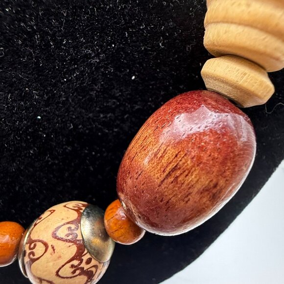 Vintage Boho Wooden Bead Statement Necklace Hand Painted Beads - Picture 3 of 8